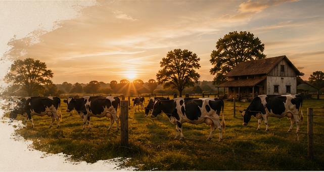 Fazenda ao entardecer com vacas no pasto